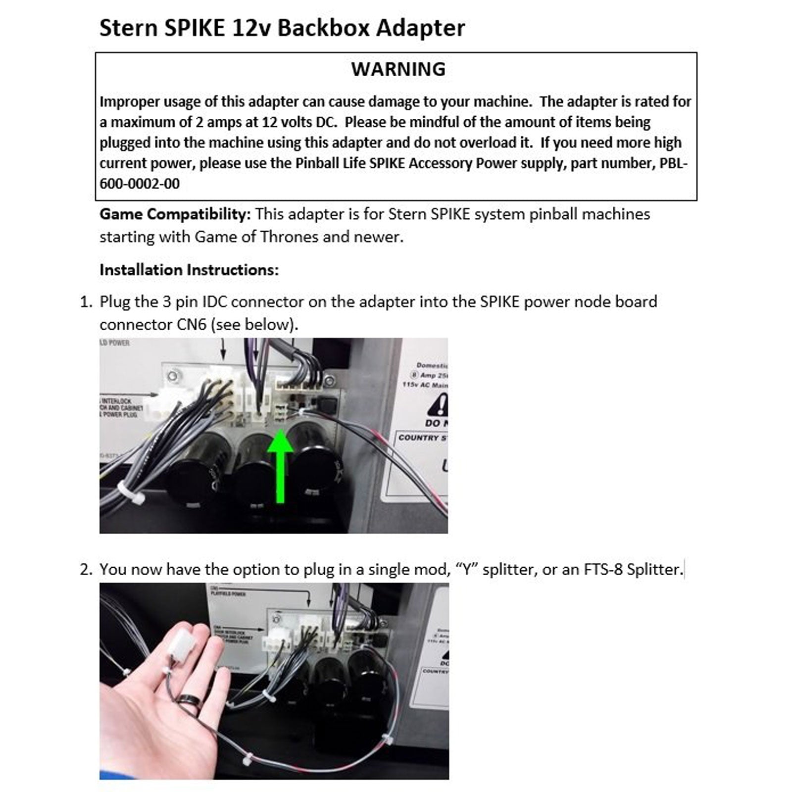 Nitro Pinball Sales Parts & Accessories Adapter - Spike 12v Backbox Power Adapter Cable / pbl-600-0046-00