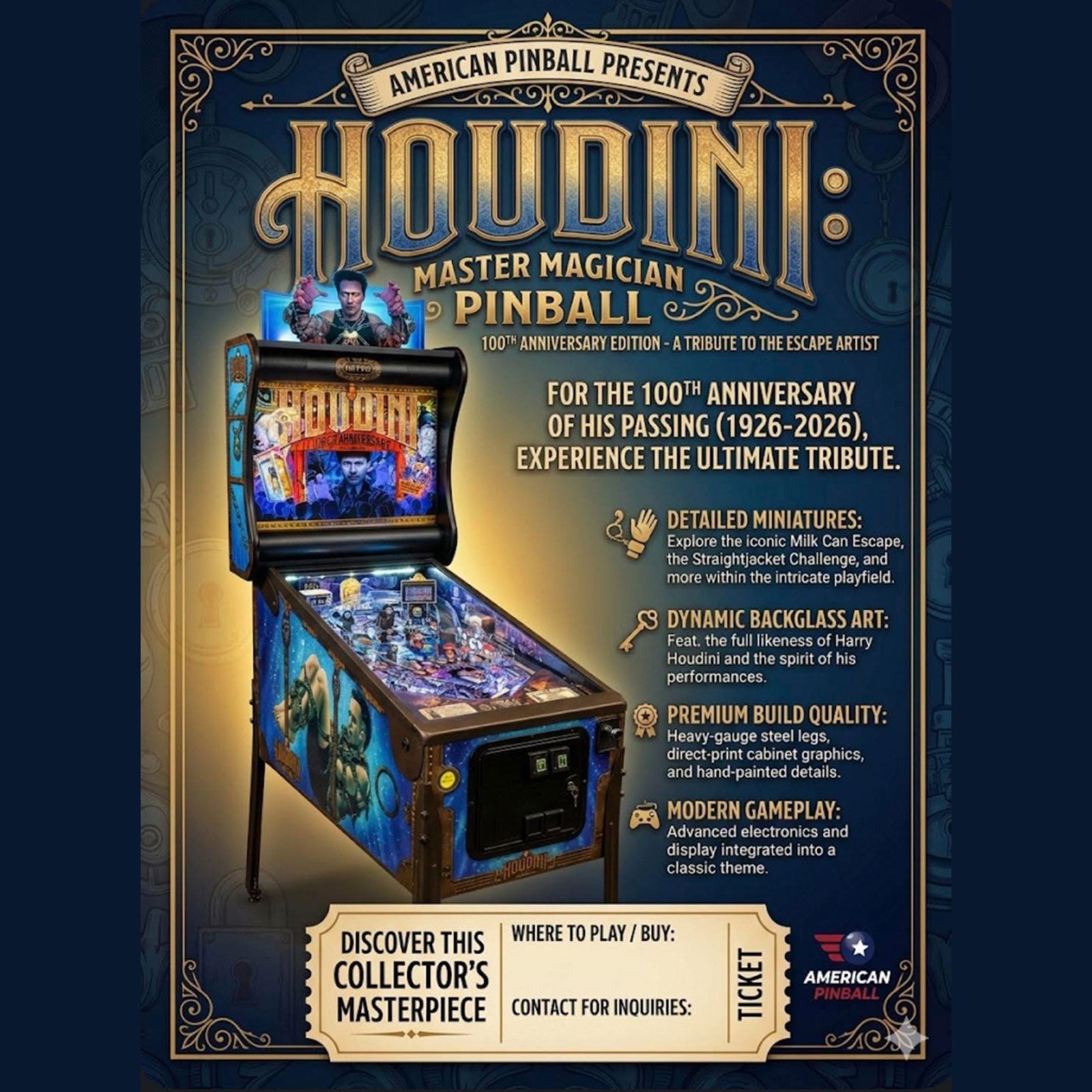 Nitro Pinball Sales American Pinball HOUDINI 100th Anniversary Edition