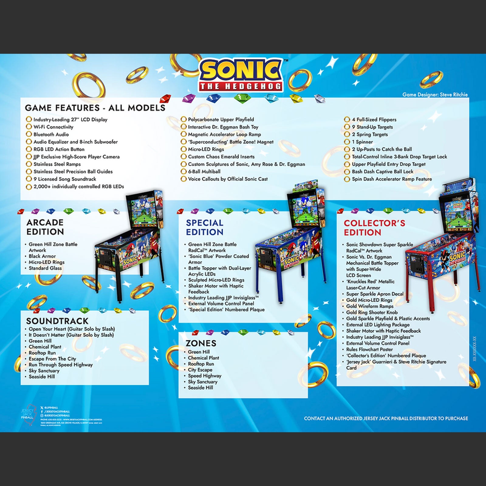 Nitro Pinball Sales SONIC The Hedgehog Special Edition Jersey Jack Pinball Machine