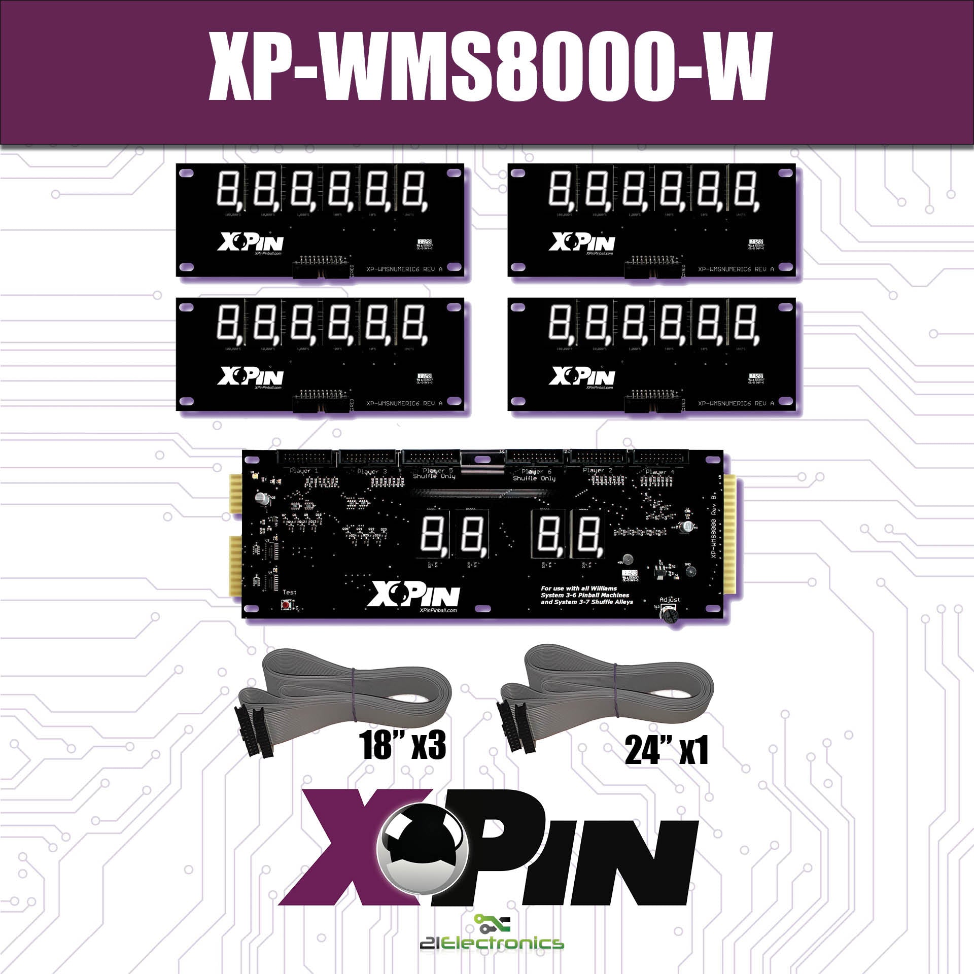 XP-WMS8000-W /  WILLIAMS SYSTEM 3-6 / 6 DIGIT DISPLAY: WHITE (Includes Red, Green & Blue Vinyl Gel)