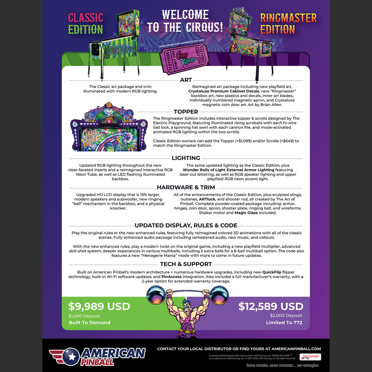 Nitro Pinball Sales  - CIRQUS VOLTAIRE  Classic Edition - American Pinball - Pinball Machine